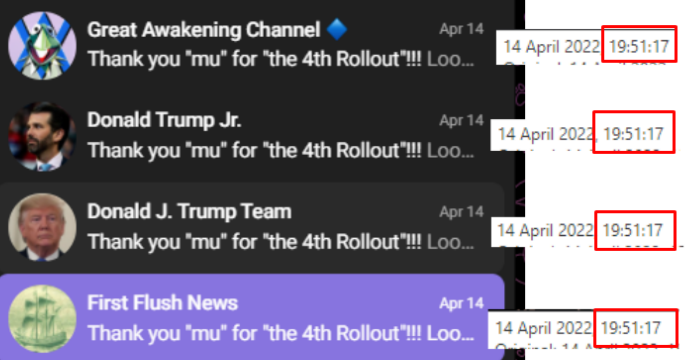 PunchyMr's tweet photo. #MAGA and #QAnonCult are so inextricably intertwined I can't believe MAGA can't see how they're being manipulated in real-time. Trump/MAGA/Q chans on Telegram are posting the same exact content simultaneously via #bot s. Pompeo, DJT, DTJr, Flynn chans https://t.co/iaCPtpAcsp