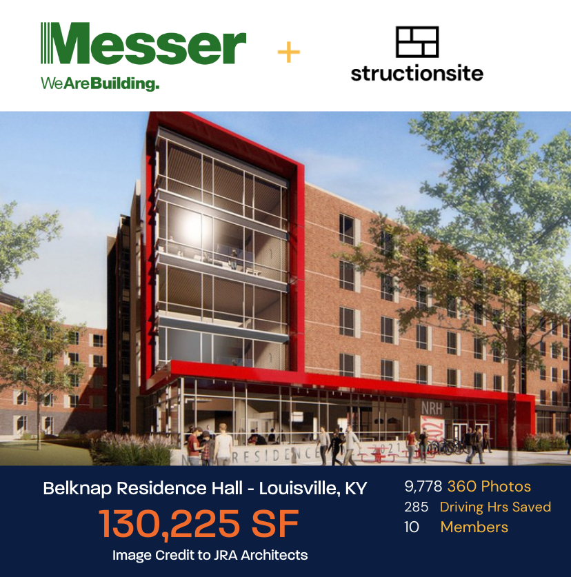 StructionSite's tweet image. Today we&apos;re casting a spotlight on a customer that is building with vision: Messer Construction Co. They used StructionSite to capture 9,778 360-degree photos the University of Louisville Belknap 130,000 sqft Residence Hall in Louisville, KY. #getsitedone #buildwithvision