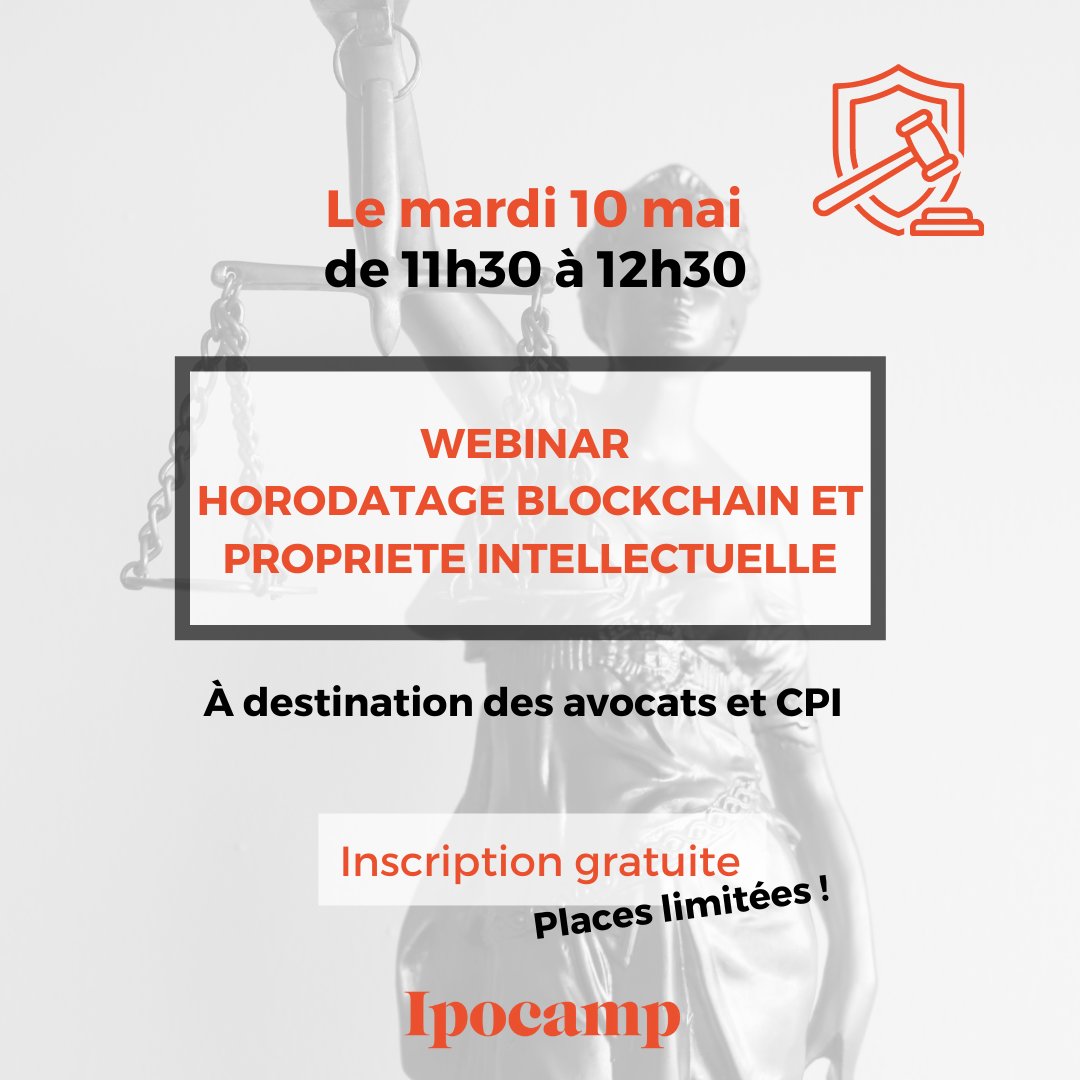 ipocamptm's tweet photo. [WEBINAR IPOCAMP - AVOCATS &amp; CPI]

👩‍💻Ipocamp vous propose un webinar présentant les intérêts et les enjeux techniques et juridiques ⚖️ de l'horodatage en blockchain, pour vous et vos clients. 

Vous pouvez vous inscrire gratuitement via le lien suivant : https://t.co/sbOec9k8qT https://t.co/FZbRHU8zTC