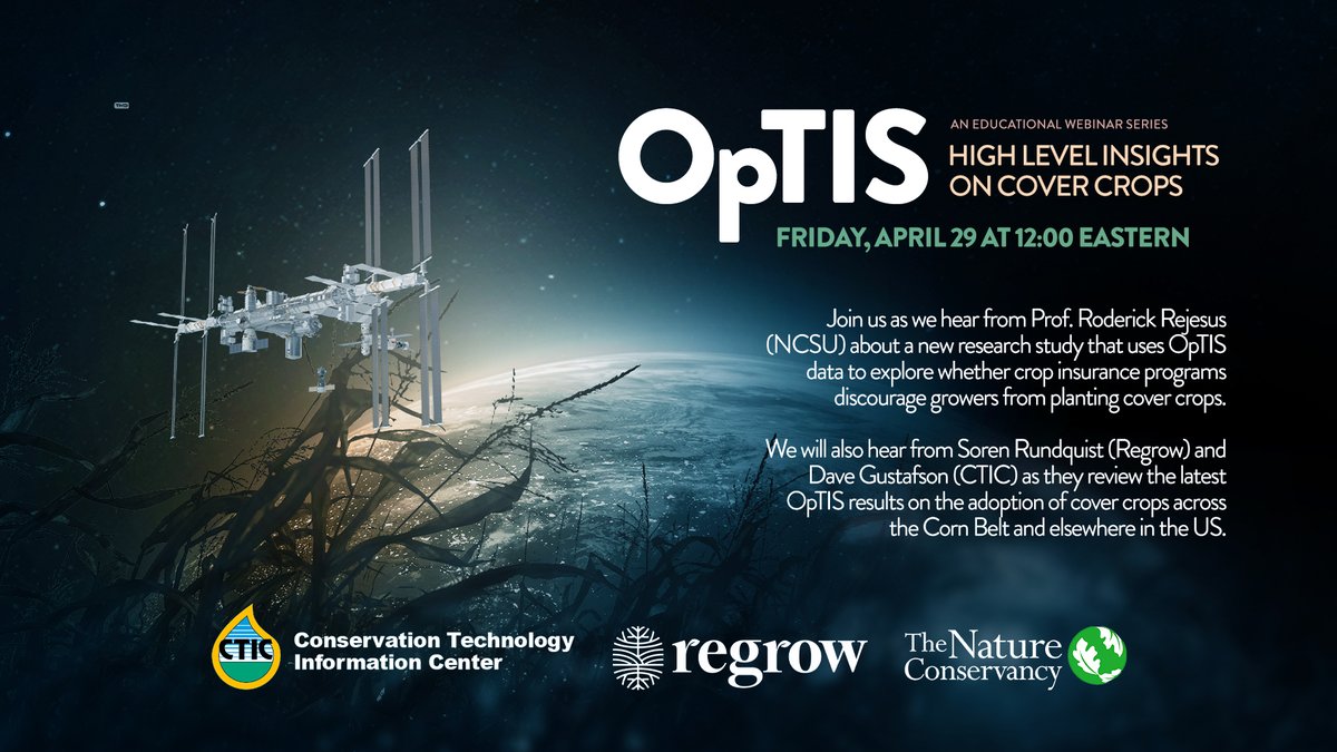 ctic_tweet's tweet image. Join us for a FREE webinar THIS FRIDAY, APRIL 29 to learn how #OpTISdata is used to monitor cover crop adoption &amp;amp; whether this climate-smart practice is discouraged by #CropInsurance.   
Register for free here: bit.ly/OpTISWebinar