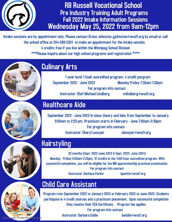 Our 4 pre industry training adult programs are doing their in person registration/intake sessions on Wednesday May 25,2022 from 9am-12pm. Please contact Grace at gjohnston@wsd1.org to reserve your spot at the intake! Spread the word! @WinnipegSD