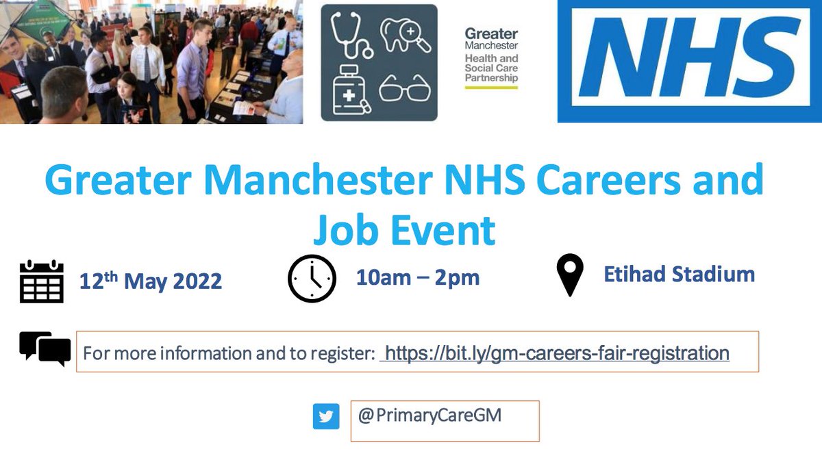TGPCT_Academy's tweet photo. Looking for a job in Manchester? Looking for a career in health care? We are participating in this GM Careers Fair. Come down for a chat. Register at https://t.co/l0W3PMApF1
#primarycare #jobsearch https://t.co/Hdr988Jzxq