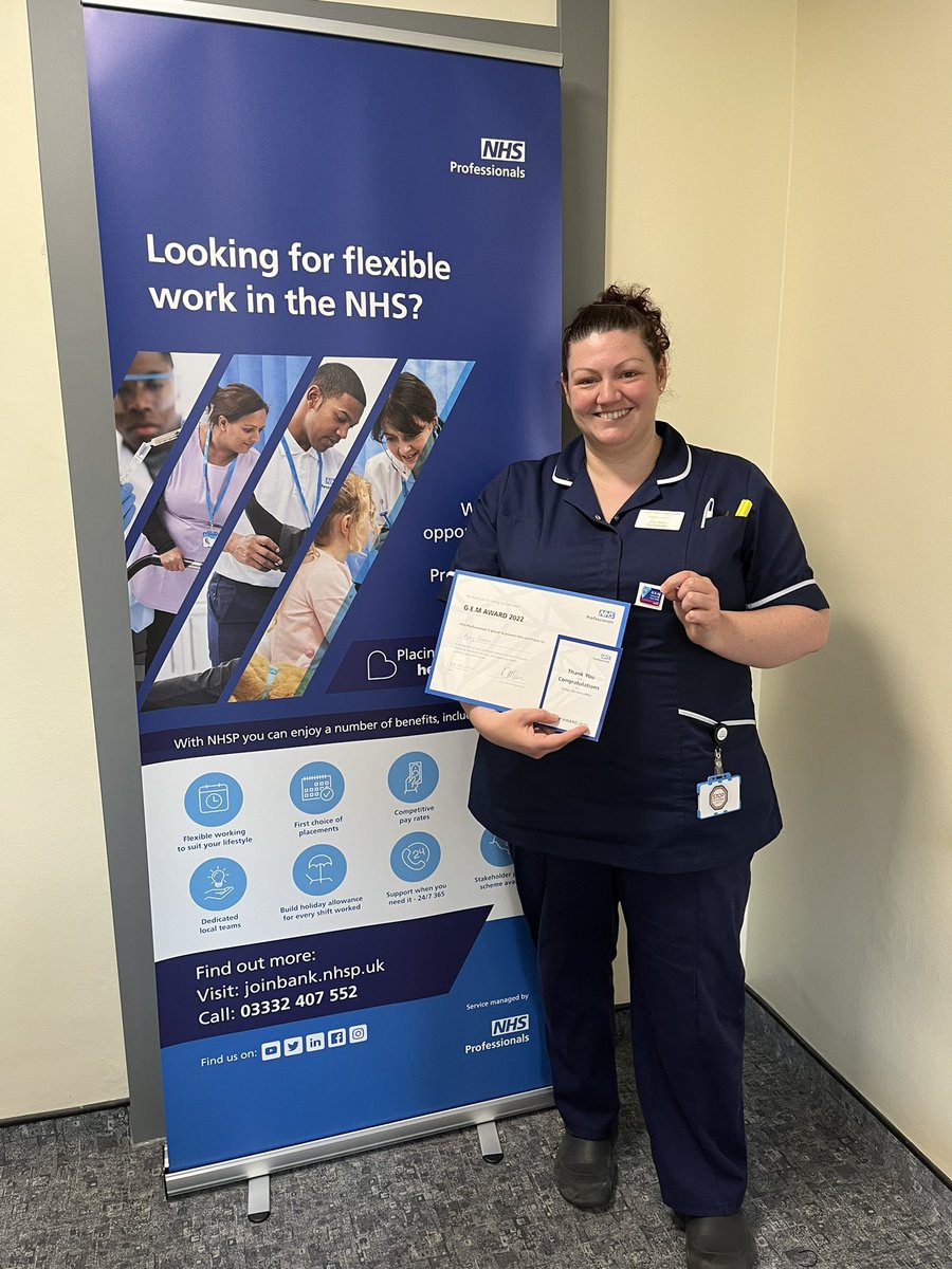 amystones4's tweet photo. Today I received an award from NHSP for going the extra mile. Really grateful to have been shortlisted as a runner up from 850 nominations. Thank you to my amazing team who also go above&amp;beyond to support their colleagues on shift! @myward2ddh @MidYorkshireNHS @louiseclarkson5 https://t.co/7OMO8RATt1