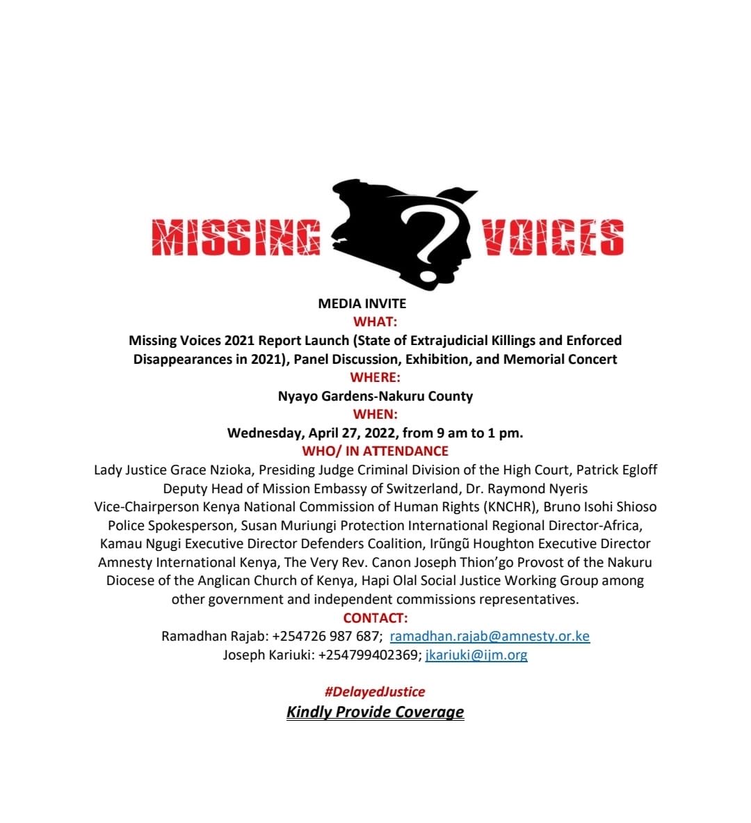 Lets meet tomorrow and tell it as it is. Missing Voices 2021 Report Launch at Nyayo Gardens, Nakuru. State of Extrajudicial Killings and Enforced Disappearances in Kenya. Thanks team #DelayedJustice ⁦@DefendersKE⁩ ⁦@AmnestyKenya⁩ ⁦@IMLU_org⁩ ⁦@HakiAfrica⁩