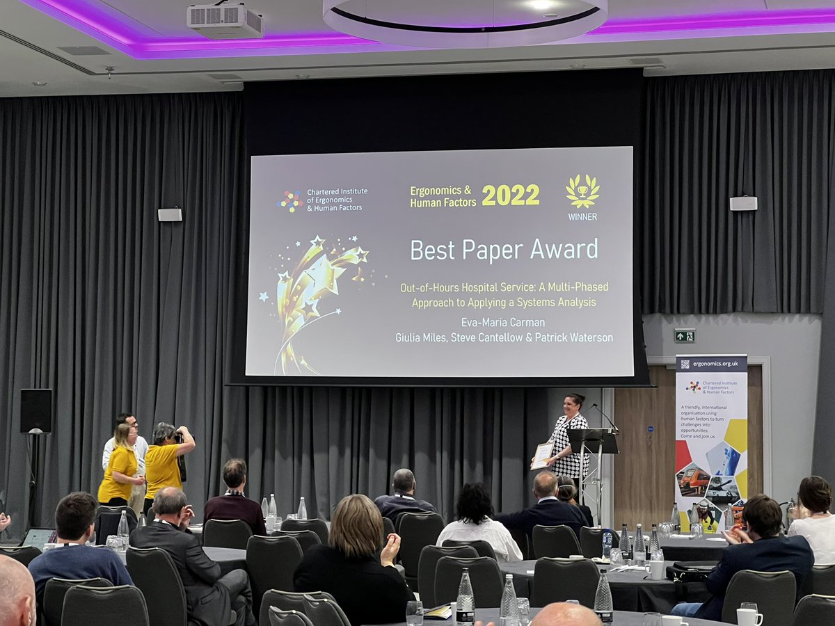 Congratulations to <a href="/evi_carman/">Eva-Maria Carman</a> and her team for winning the Best Paper Award for their research on Out-of-Hours Hospital Services. 

  #EHF2022 #CIEHF #ergonomics