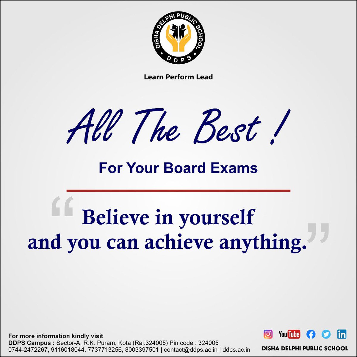 DdpsKota's tweet photo. Success comes only to those who believe in themselves and are prepared to win. May you all do well and come out with flying colors. 👍🏼
All the very best for your Exams
#CBSE #Term2Exam #class10cbse #DDPSKota https://t.co/2a2Mj9EnyX