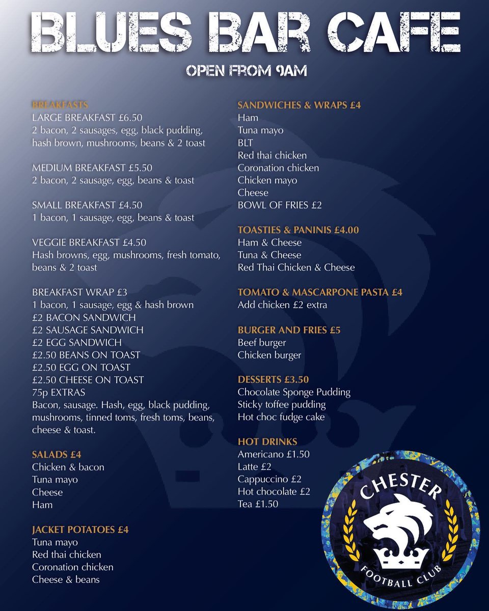 🥓🍳| Remember, if you fancy a cracking breakfast or some lunch, the Blues Bar Cafe is open from 9am during the week.