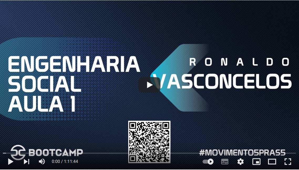 Excelente aula sobre Engenharia Social ministrada pelo Ronaldo Vasconcelos ontem à noite. Disponível em youtube.com/watch?v=4b4bIj…
Acesse e curta o vídeo. Hoje tem a segunda aula. É grátis. Mais tarde disponibilizaremos o link.