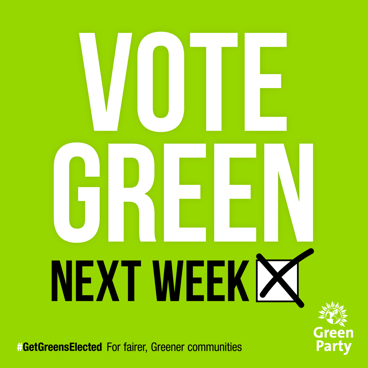 🗳️ Next week, we all have a choice.

🤝 We're saying yes to fairer, greener communities.

✅ Vote Green wherever you are on 5 May.

#GetGreensElected