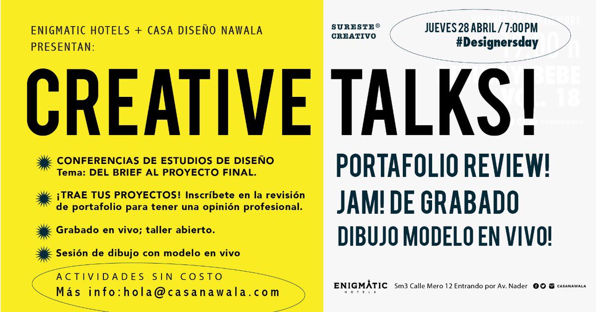 Amexme_Cancun's tweet photo. *¡Celebremos el Día Mundial del Diseño #Designersday !*
🥳  acompáñanos a este #NetworkingCreativo 
📅 Jueves 28 de Abril
⏰ 7:00 pm  
*Lugar*:📍 @CasaNawala Casa Diseño Nawala / Nomads cocina &amp; Barra  
Sm3 Calle Mero 12 entrando por Av.Nader interior Enigmatic Hotels. https://t.co/NpibenXM4p