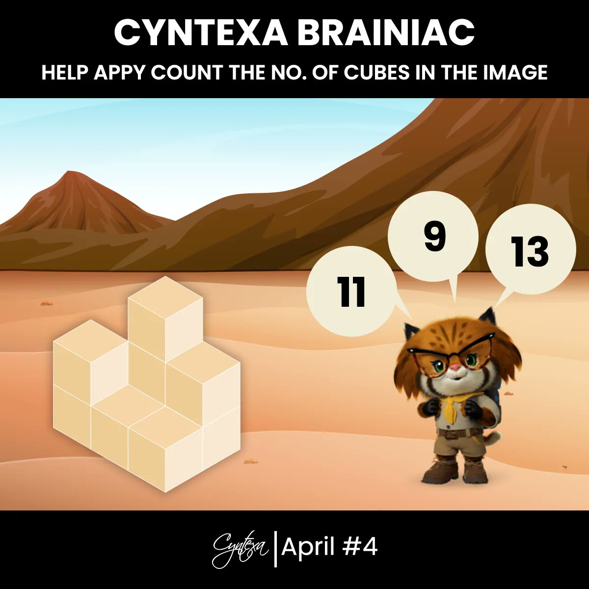 cyntexa's tweet photo. Can you help #appy count the no. of cubes in the image🤔?
The leaderboard will be updated every Wednesday @ 5 PM⏱️
#cyntexabrainiaccontest #cyntexabrainiac #tuesdaytrivia #tuesdayfun #counttheblocks #visualteaser #braingames #fungames #contest #cyntexa https://t.co/GrBjYntuh3