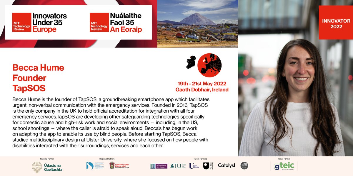 EmtechEurope's tweet photo. We are delighted to announce our first MIT Innovator under 35 @BeccaHume, founder @Tap_SOS who will join us in Gaoth Dobhair, Co Donegal for our three day Festival of Innovation 19th - 21st May.

Join us! 👉  https://t.co/B2g1NQdWpT

#Innovators35Europe #Nuálaithe35AnEoraip https://t.co/SrAcTR3QBE