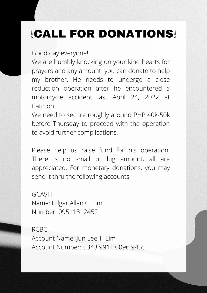 bubblydonbelle's tweet photo. Hi everyone! I'm helping my co-bub friend @_solelysachiii. Her brother needs financial support for his operation. Any amount will do po ☺️ The infos on where you can send money is in the picture below. And please help us to retweet this as well to reach more ppl. Thank you sm! 💗 https://t.co/bjK3uo2ZaZ