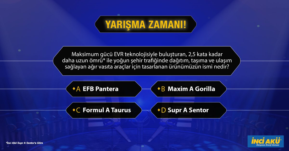 Yarışma zamanı! 🎉 🎊
Maksimum gücü EVR teknolojisiyle buluşturan, 2,5 kata kadar daha uzun ömrü* ile yoğun şehir trafiğinde dağıtım, taşıma ve ulaşım sağlayan ağır vasıta araçlar için tasarlanan ürünümüzün ismini doğru bilen takipçimiz Bluetooth Kulaklık kazanma şansı yakalıyor!
