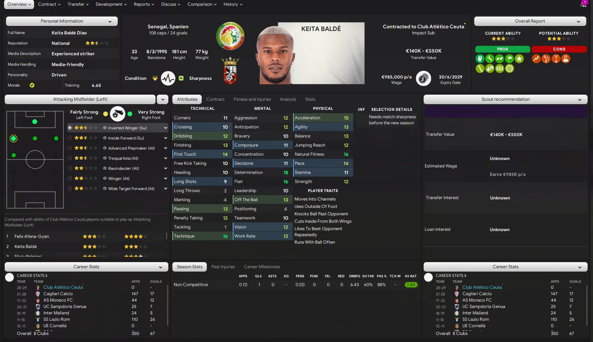 RamonsFMBlog's tweet image. Des Weiteren haben wir einen Back-Up für Afena geholt. Zukünftig wir Keita Balde bei uns Scorrer jagd gehen. Er kommt ablösefrei von Cagliari Calcio und erhält einen 1 Jahresvertrag mit einer 1 Jahr Option für uns. 
#FM22 #FootballManager22
