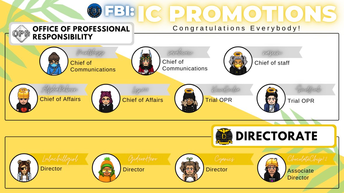 HabboFBINW3C's tweet photo. Congratulations to the iCs who have been promoted this month🎉 

All your hardwork and perseverance have paid off. Please congratulate then when you see them in base

🎨: saokyo https://t.co/741HkvatWo