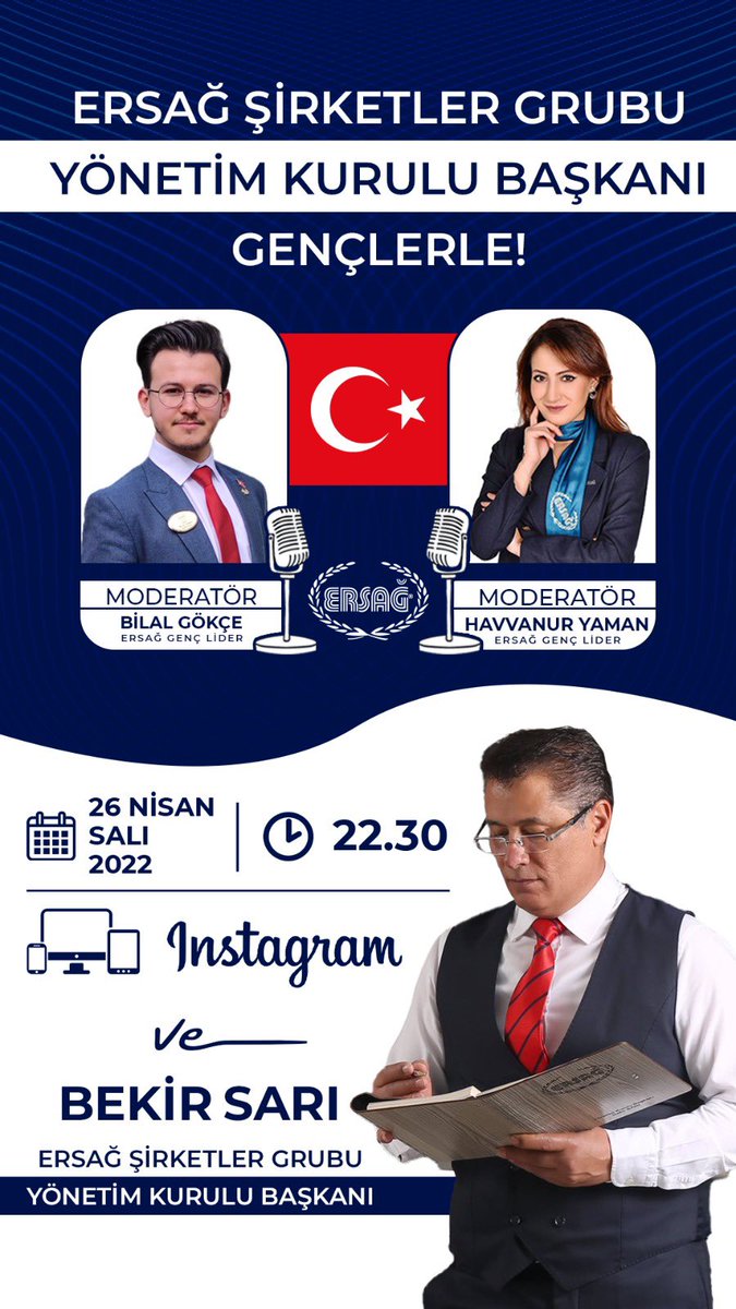 Çok özel bir akşam, çok özel bir yayın bizleri bekliyor. 
Ersağ Şirketler Grubu Yönetim Kurulu Başkanımız Bekir SARI bu akşam bizlerle.. 🇹🇷 
GENÇLER İLE BAŞ BAŞA.

<a href="/Ersagbkr/">BEKİR SARI</a> 
@ersagbilal