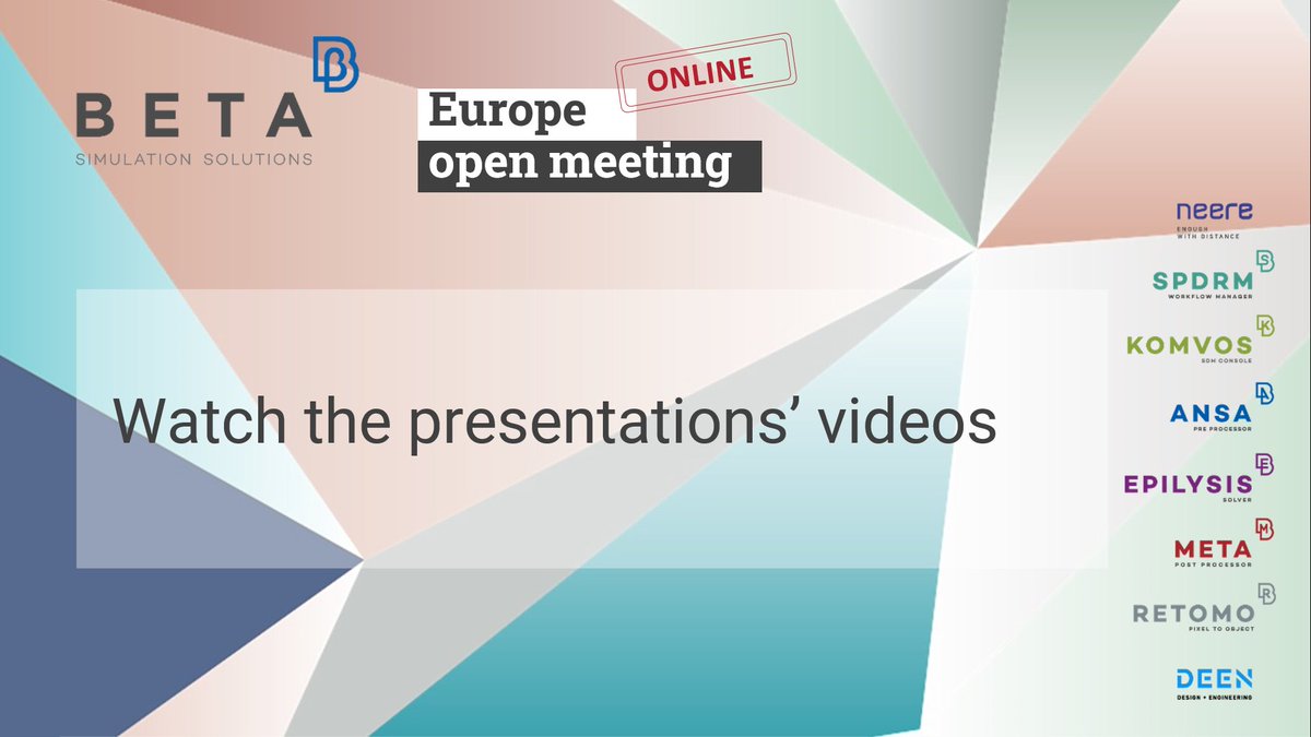 betacae's tweet photo. A new list of videos from the key presentations of our "2022 Europe Online Open Meeting" is now online.
Watch them and follow our channel: https://t.co/QL7eAaF1O6
More videos will come soon.
#physicsonscreen #EUOM #EUOM22presentations #betacae https://t.co/EigFTgh4Zy