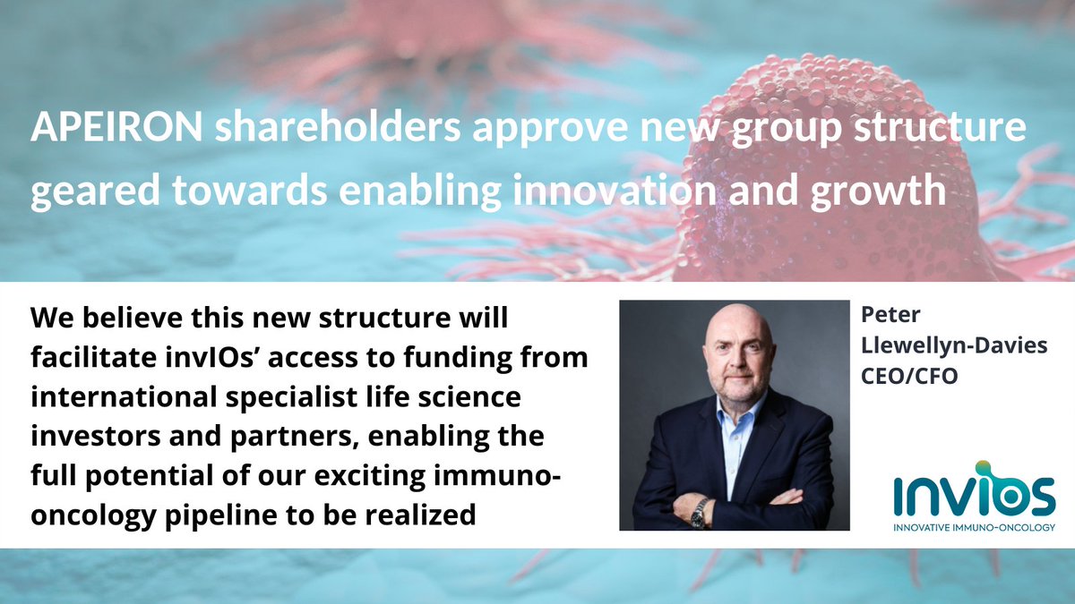 .@apeironbio shareholders approve new group structure geared towards enabling innovation and growth: invIOs becomes fully separate entity focused on advancing its unique #EPiC cell therapy platform and clinical-stage immuno-oncology pipeline bit.ly/3vpIlYJ