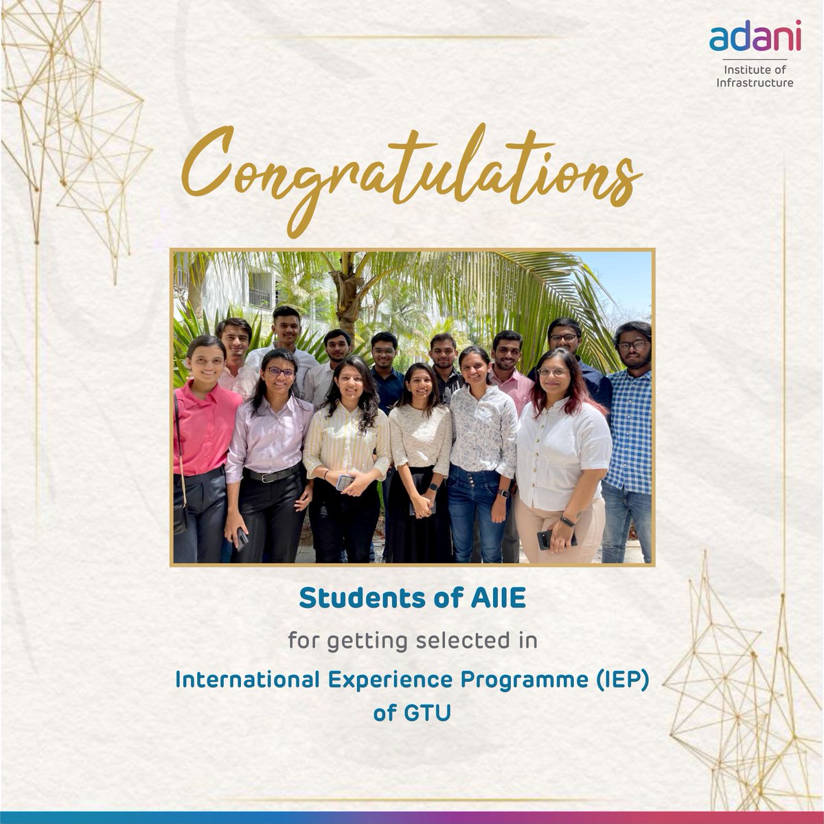 AdaniUniversity's tweet photo. We are delighted to share students of AIIE have been selected for an International Exchange Programme at Laurentian University (Lu), Canada, a @GTUoffice  Initiative. We wish them all the success. Many Congratulations to the entire team.
#AIIE #AdaniUniversity #AII #Achievement https://t.co/QIg9grmHQv