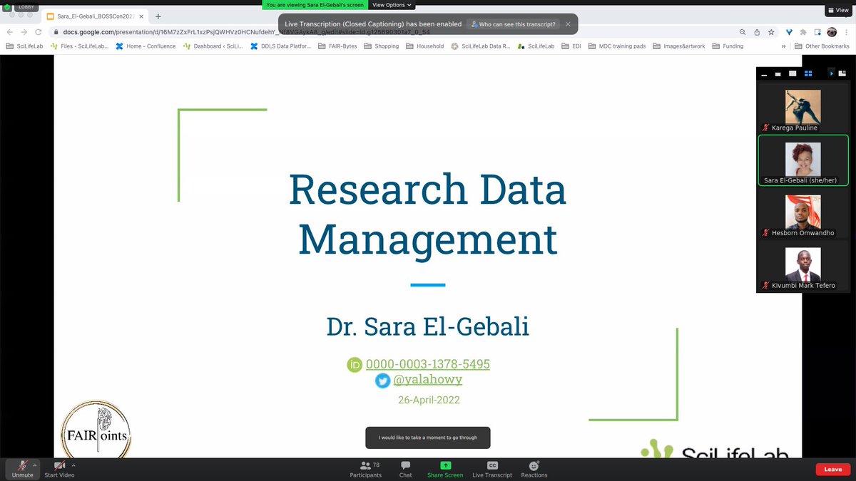 FAIR is not a rule, it’s an evolving principle. <a href="/yalahowy/">Dr. Sara El-Gebali 🦥 yalahowy@fairpoints.social</a> taking our participants through RDM. The hope is to inspire a conversation on data management in our institutions and the policies surrounding RDM. #BOSSCon2022