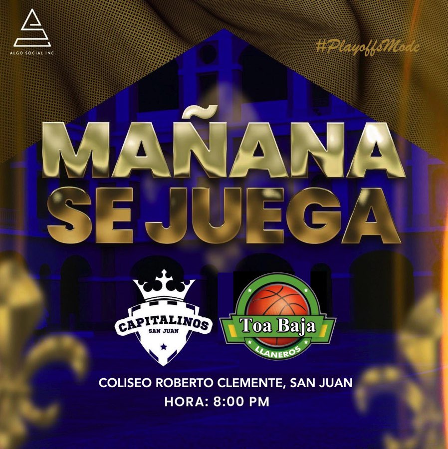 Mañana recibimos la visita de los Llaneros de Toa Baja en nuestra casa, el Coliseo Roberto Clemente San Juan para lo que será una serie de Playoffs (3-2) que promete. 🔥🎬

#TeamCapitalinos⚜️
#ThreePeat🏆
<a href="/SJCiudadCapital/">San Juan, Ciudad Capital</a>