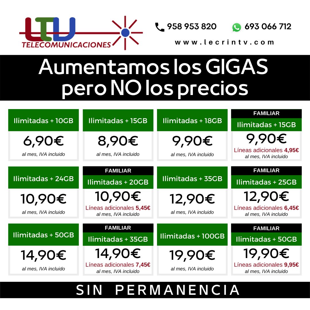 LtvTelecom's tweet image. 📱 Tarifas de telefonía móvil 🤩
✔️ Sin Permanencia
✔️ Sin subidas de precio
#Mondújar #Restábal #Saleres #Lecrín #Murchas #LtvTelecom #Melegís #Móvil #Dúrcal #ElValle #Béznar #Chite #Pinos #Pinosdelvalle #Nigüelas #Albuñuelas #Acequias #Talará #Villamena #Cozvíjar #Cónchar