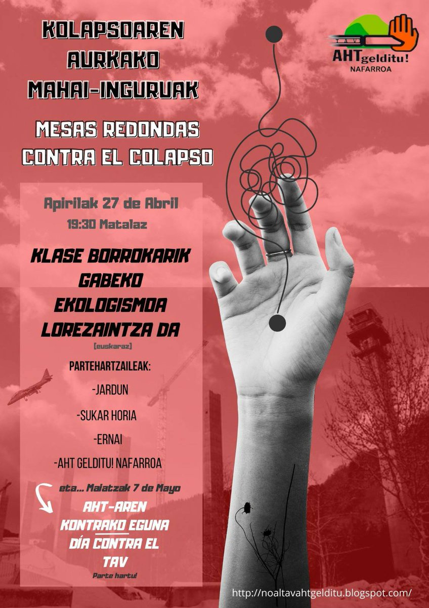 Klase borrokarik gabeko ekologismoa lorezaintza da
Bihar 19:30etan <a href="/MatalazTxokoa/">MATALAZ</a>-n bigarren mahai ingurua.
Partaideak: <a href="/JardunK/">JARDUN koordinadora</a>, <a href="/ernaigazte/">Ernai</a>, <a href="/HoriaSukar/">Sukar Horia</a> eta gu.
Mahai inguru guztia euskaraz izango da