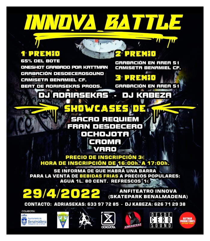 JUVENTUDBENALMA's tweet photo. 👉🏼🐓¿Te gusta el rap? ¿Te gusta el freestyle? 
Este viernes 29 de abril en el #ParqueInnova..... INNOVA BATTLE !!
Premios en metálico para l@s primer@s clasificad@s en la batalla , actuaciones , DJ´s ....
🎤🐔🧢🔈🎵🎶🏆

#batalladegallos #rap #ArroyodelaMiel https://t.co/1lEtO3JH58