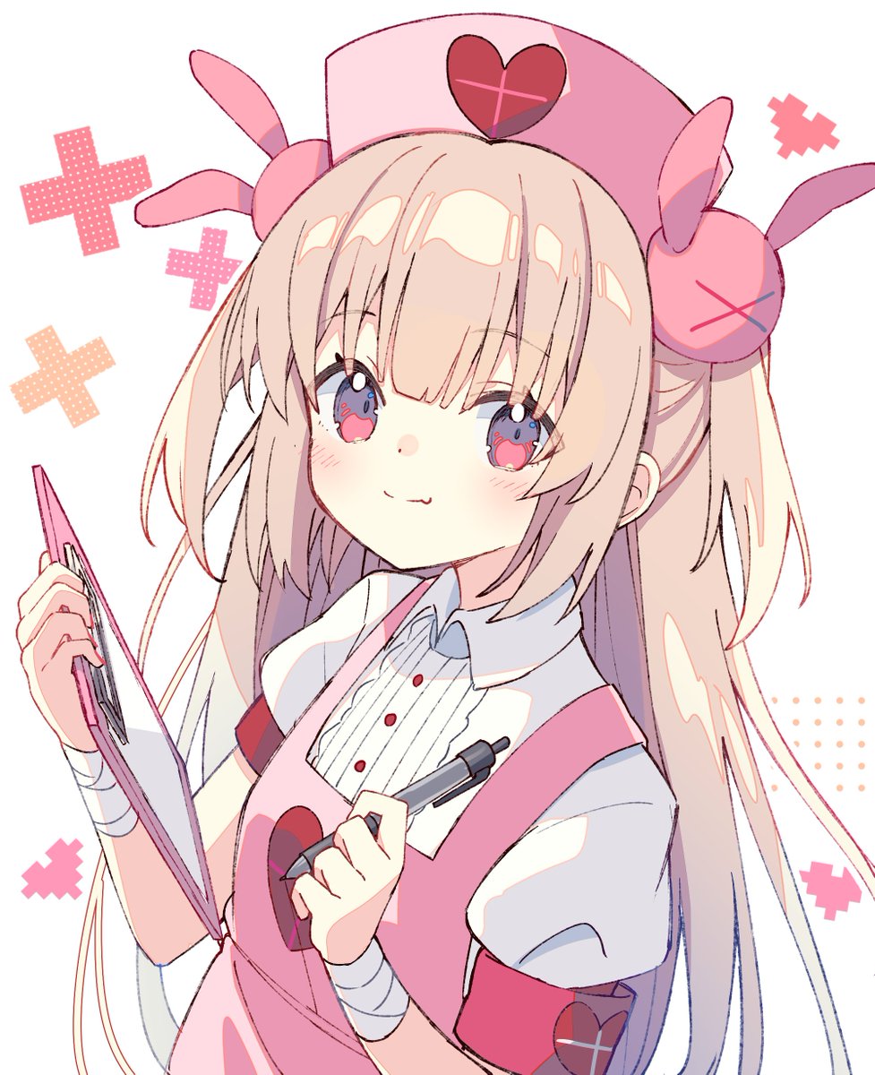 natori sana 1girl rabbit hair ornament hat solo nurse cap pink apron long hair  illustration images