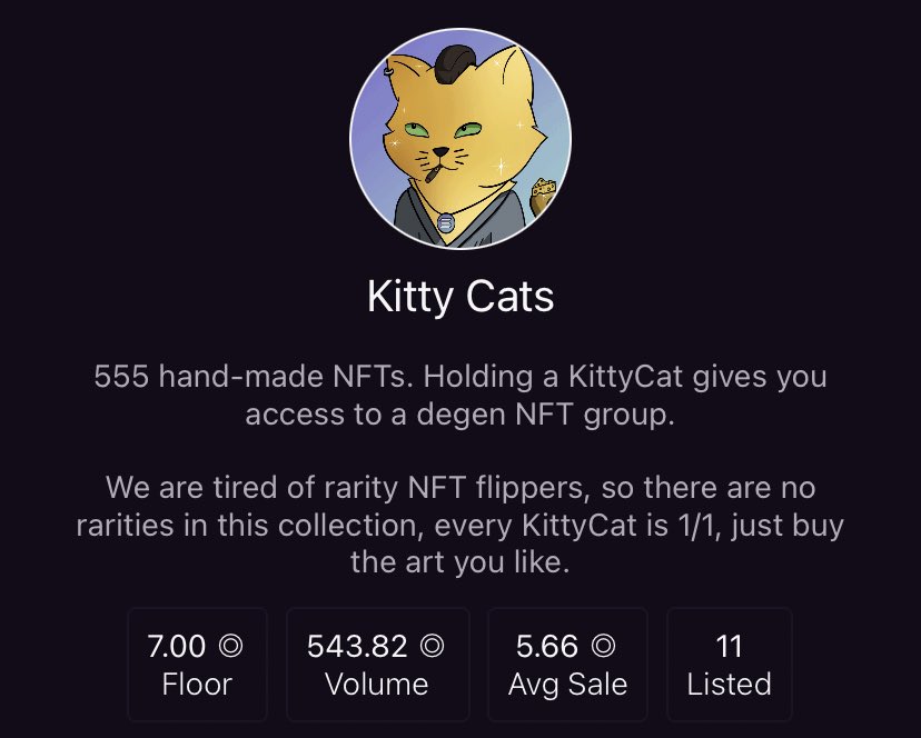 tenko_cripto's tweet image. 11 listados de 555, ¿por qué será?

7 SOL de Floor Price, ¿por qué será?

Y todo esto sin staking, sin metaverso, sin P2E, sin metadata, SIN RAREZAS. Solo una comunidad apasionada y obsesionada con los NFTs.

¿Por qué será?

@KittyCatsSOL