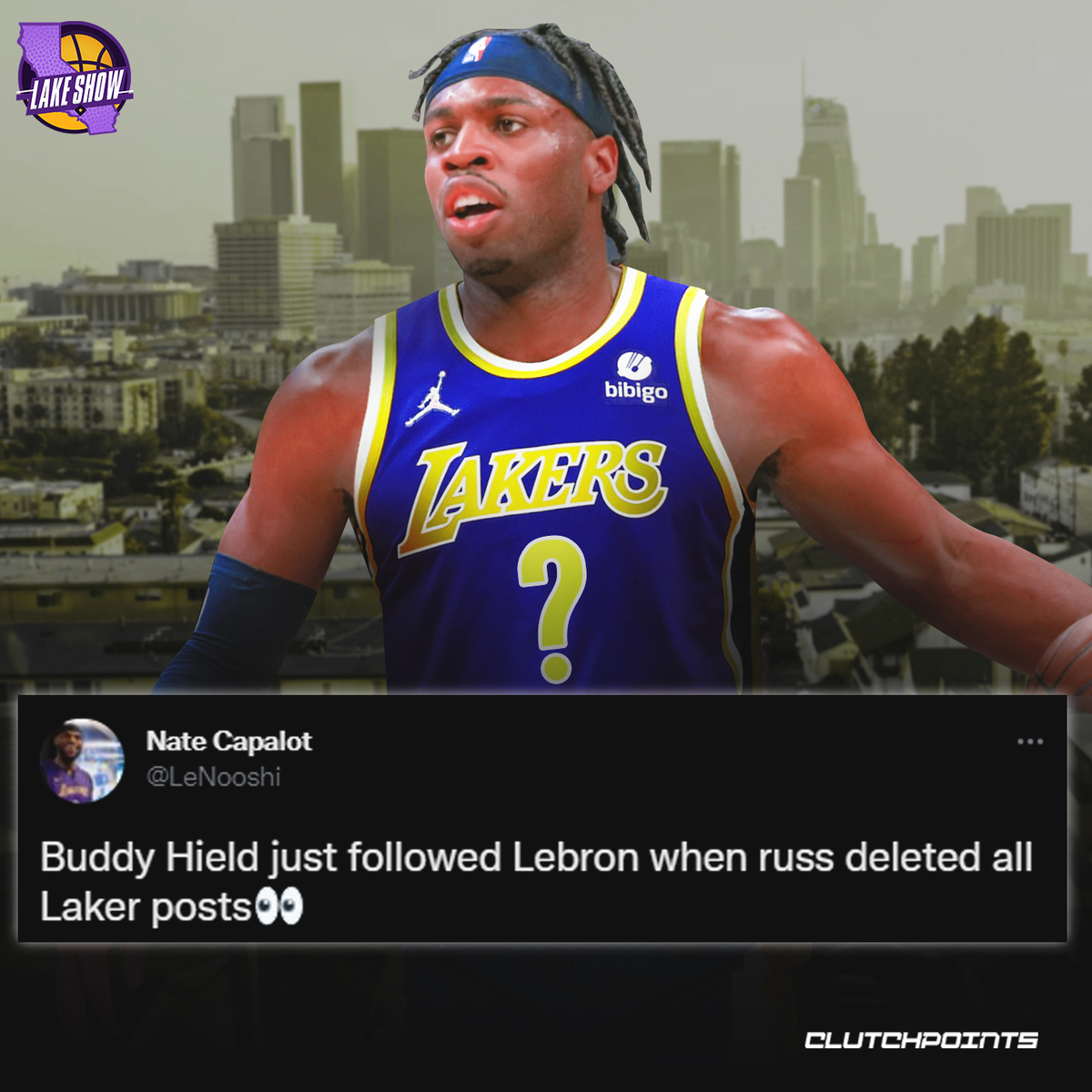 LakeShowCP's tweet photo. As subtle as it could be 👀 

Do you like to see Buddy Hield rep the Purple and Gold? https://t.co/n0D0D2vtPf