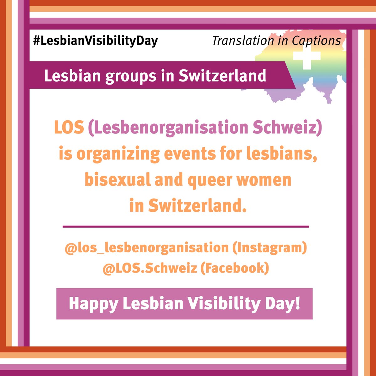 Swiss LGBTIQ+ Panel (@lgbtiqpanel) on Twitter photo #LesbianVisibilityDay
Lesbian groups in Switzerland
<a href="/LOS_Schweiz/">LOS – Lesbenorganisation Schweiz</a> <a href="/los_suisse/">LOS_suisse</a> #LesbianVisibilityDay
Lesbian groups in Switzerland
<a href="/LOS_Schweiz/">LOS – Lesbenorganisation Schweiz</a> <a href="/los_suisse/">LOS_suisse</a>