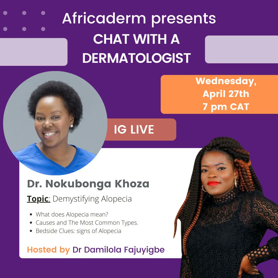 Join us this Wednesday on Instagram <a href="/africaderm/">AfricaDerm</a> for a new Fireside Chat with our guest dermatologist Dr Nokubonga Khoza👩🏾‍⚕️

Alopecia (hair loss) is a concern for many people. Raising awarness is key to combat the prejudices around this condition💪
‍
Tune in at 7pm CAT !🙌🏿