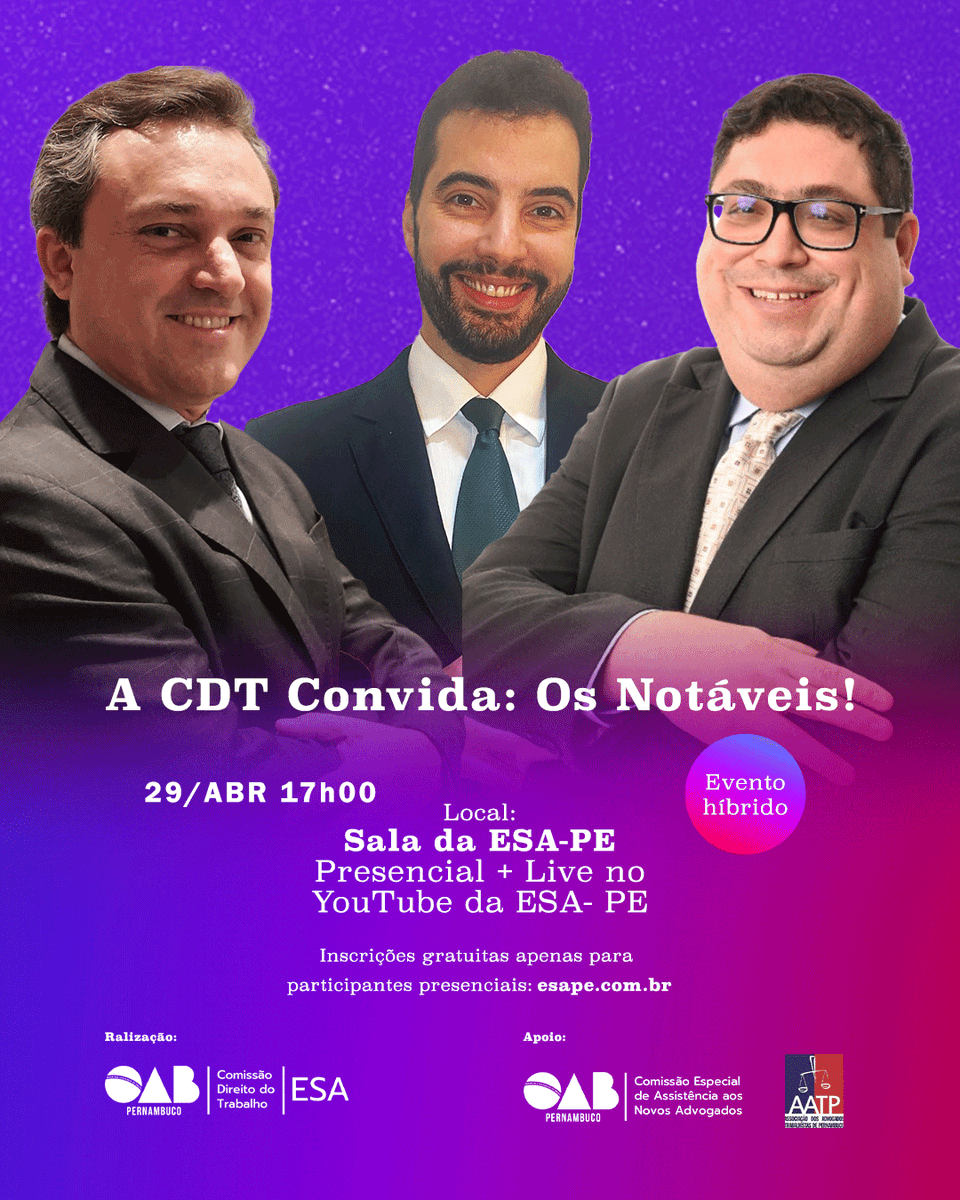 ESAOABPE's tweet photo. Na última sexta-feira de abril, 29/04, a ESA-PE e a Comissão de Direito do Trabalho realizarão a palestra “CDT convida: os notáveis”, a partir das 17h, na sala da ESA-PE.
Inscreva-se gratuitamente no site da ESA-PE ou acompanhe o evento em nosso canal do youtube.
#esape https://t.co/Jq9lt5gy0I