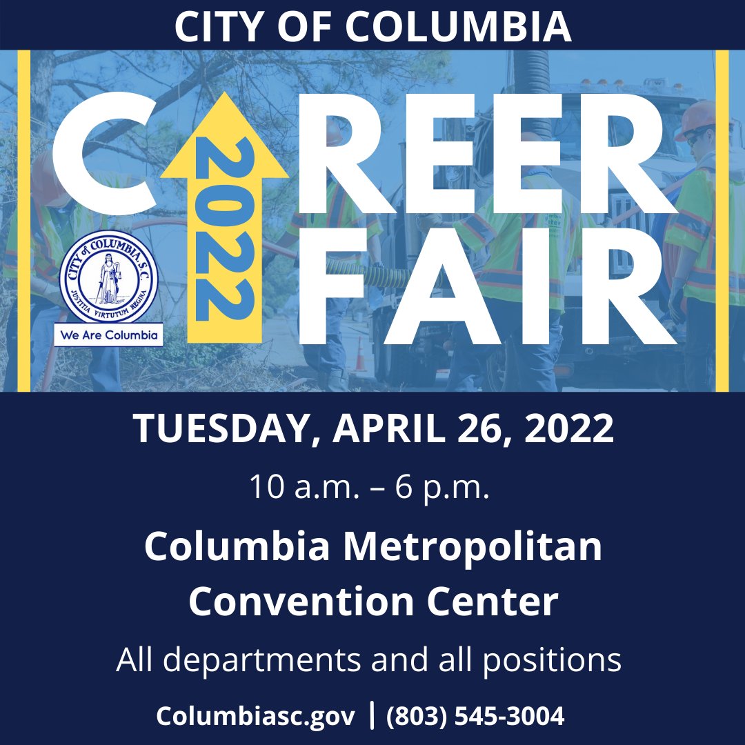 CityofColumbia's tweet photo. We will be at the Columbia Metropolitan Convention Center, 1101 Lincoln Street, from 10 a.m. - 6 p.m. TODAY, April 26th!

All of our departments will be present and ready to help you jumpstart your career with the City of Columbia! 

See you there! 👍 #WeAreColumbia https://t.co/5Dm7bqkrgq