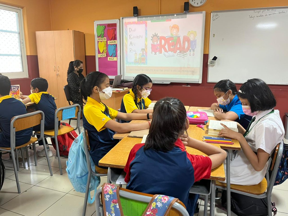 dpsshj's tweet photo. ‘We lose ourselves in books, we find ourselves there too.’ Delhi Private School, Sharjah, Primary Wing aims to spread a good reading culture through DEAR Time activity – Drop Everything And Read. 
#shjspea #dpsshj #dpssharjah #moe_uae https://t.co/yPb0ehgBF1