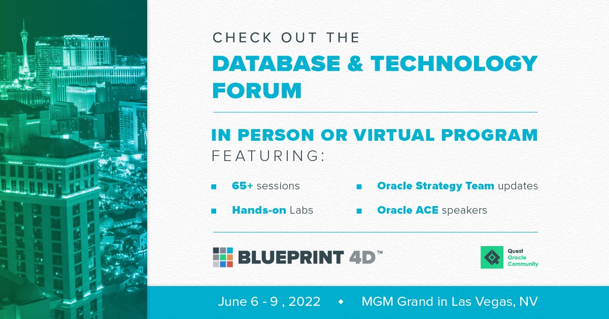 IOUG Database & Technology Community (@ioug) on Twitter photo IOUG fans: missing COLLABORATE?  Join us at the Database & Technology Forum at BLUEPRINT 4D and SAVE 45% off with code: 22BP4DBTRGN.  Sign up now: bit.ly/B4DReg IOUG fans: missing COLLABORATE?  Join us at the Database & Technology Forum at BLUEPRINT 4D and SAVE 45% off with code: 22BP4DBTRGN.  Sign up now: bit.ly/B4DReg