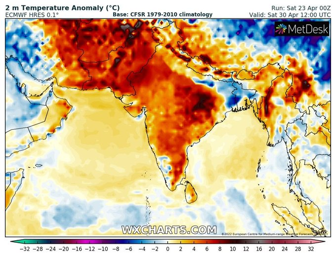 extremetemps's tweet photo. India/Pakistan Heat Wave day #1:Today 26 April the Pakistani station of Dadu reached 47.0C,tying the 2022 highest temperature in the Northern Hemisphere (=Matam,Senegal). In India 45.1C at Barmer. Unfortunately this is just the beginning and it'll get hotter in the next few days. https://t.co/RKq7Bp3T4I