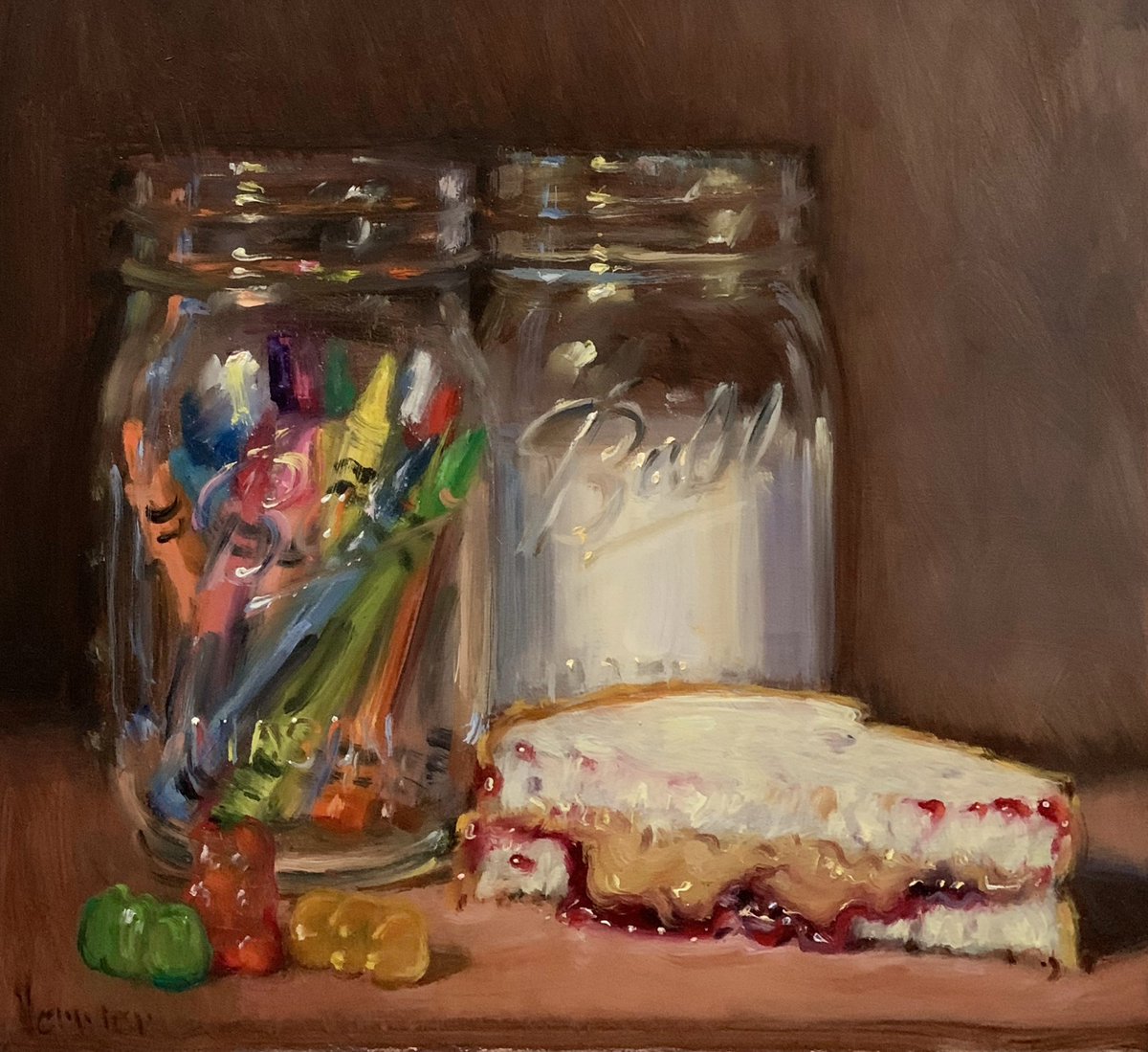 My oil painting of a PBJ, Gummy Bears, Crayons &amp; Milk
