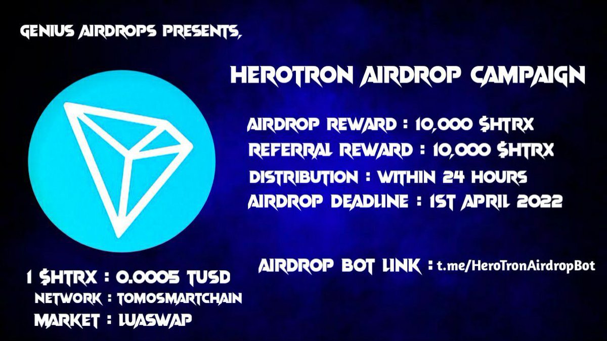 CryptoEarning17's tweet photo. 🚨 Airdrop: HeroTron
🔥 Reward: 1,000,000 $HTRX
🤑 Refer: 1,00,000 $HTRX
💠 Distribution: Within 24 Hours
📛 Winners: For All Participants
☢️ Market: TomoSwap // LuaSwap // AnySwap
🚧 Rating: ⭐️⭐️⭐️⭐️⭐️ 
🤖 Airdrop Link :
https://t.co/wAEVSU63pT https://t.co/eSGzos8B4v
