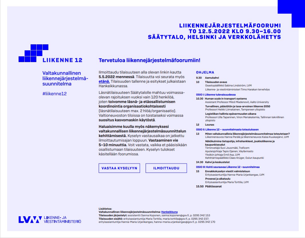 urjankangas's tweet photo. Mikä se #liikenne12 taas olikaan? 12.5. tarjolla mahdollisuus palautella mieleen. Liikennejärjestelmäfoorumi livenä Säätytalolla ja verkossa klo 9.30-16. Tervetuloa! https://t.co/UJm5lqTfhl https://t.co/kR1somLF3R