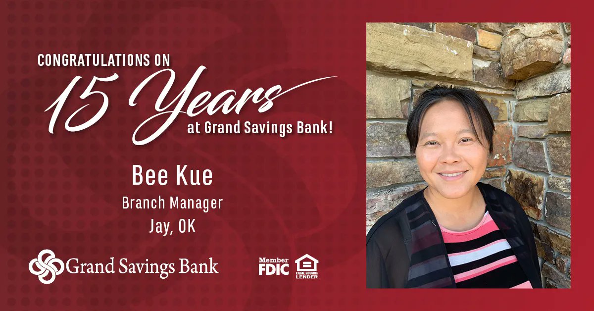 GrandSavBank's tweet photo. Congratulations to our team member, Bee Kue, on 15 years of service at Grand Savings Bank! We appreciate you, Bee! 
#LifeisGrand https://t.co/BuVKWnV1an