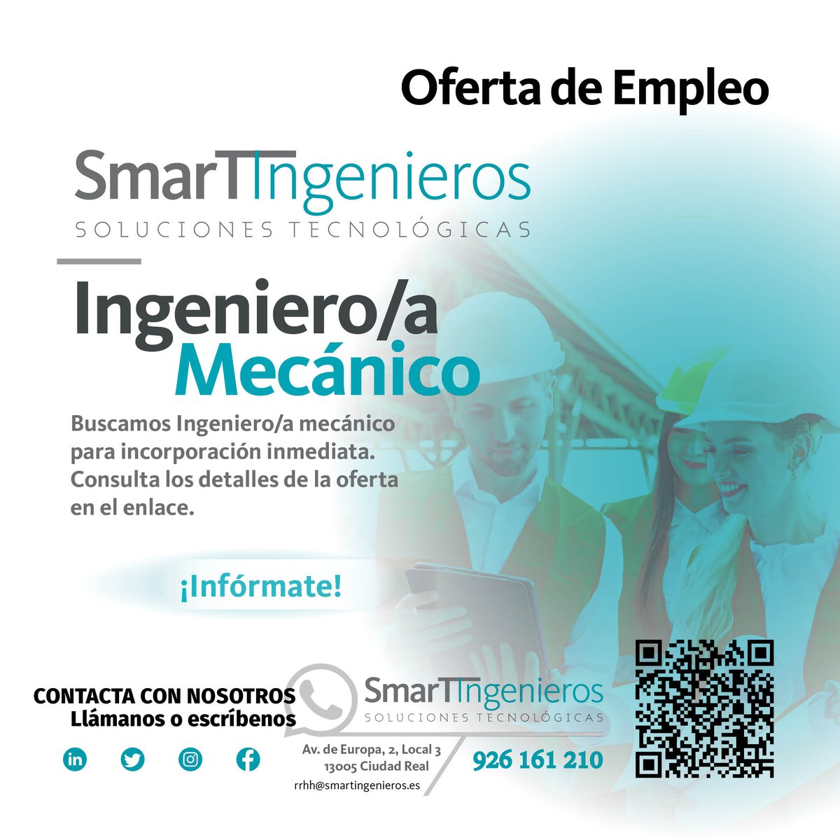 SmartIngenieros's tweet photo. 👁️‍🗨️ 𝗢𝗙𝗘𝗥𝗧𝗔 𝗱𝗲 𝗘𝗠𝗣𝗟𝗘𝗢. Trabaja con nosotros_
Buscamos 𝗜𝗻𝗴𝗲𝗻𝗶𝗲𝗿𝗼/𝗮 𝗠𝗲𝗰á𝗻𝗶𝗰𝗼 para incorporación inmediata. ¿Quieres unirte al equipo SmartINngenieros? ¡Te esperamos!👉 https://t.co/r0hoPOfw4I #ofertasdeempleo https://t.co/VagcOUWJu9