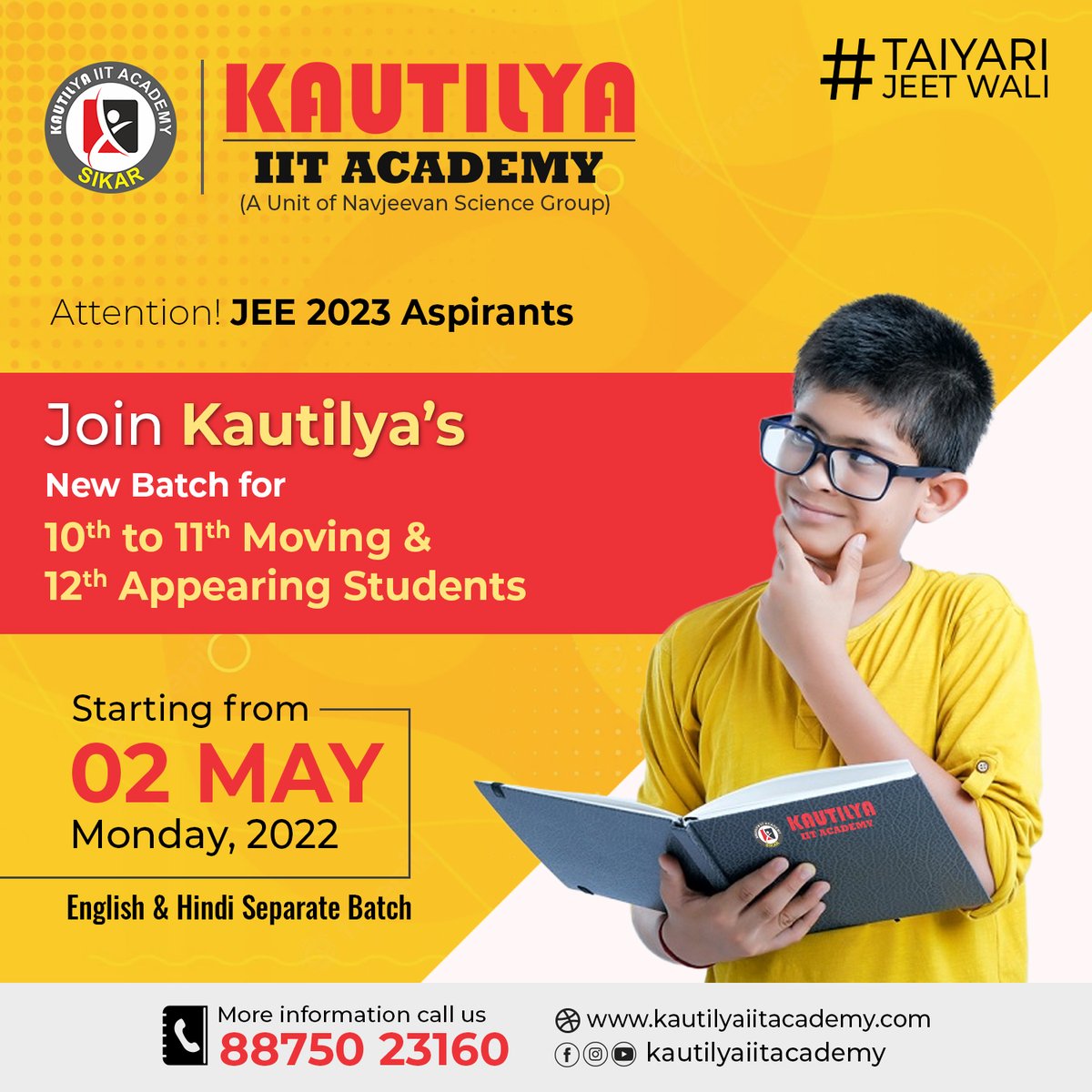 KautilyaAcademy's tweet photo. #Attention! JEE Aspirants
Join Kautilya's new batch for 10th to 11th moving &amp; 12th appearing students.👇
👉batch starting from 02 may 2022.

#jee2023aspirants #rbseboard #startingbatch #Admission #education #success #navjeevansciencegroup  #newbatch #kautilyaiitacademy https://t.co/znYPZFNX9d