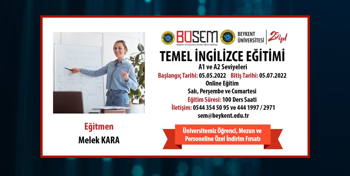 beykentsem's tweet photo. 📍TEMEL İNGİLİZCE EĞİTİMİ (A1 ve A2)
📆 5 Mayıs 2022-5 Temmuz 2022
📣 Eğitimimiz Kontenjan sınırlıdır.
Eğitim Ücreti : 1600 TL olup Beykent üniversitesi öğrenci, mezun ve mensuplarına özel 1360 TL olmaktadır.
#ingilizce #learnenglish #onlineenglishcourse https://t.co/aspA0YwOZs