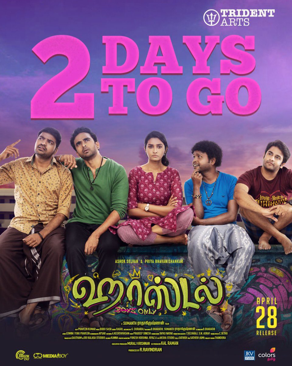 Cinemapayyan (@cinemapayyan) on Twitter photo #Hostel - Be ready to block your seats for the STRESS BUSTER ride
Only 2 days to go
#HostelfromApril28
#HostelTamilMovie
<a href="/tridentartsoffl/">Trident Arts</a> <a href="/MemyselfSRK/">Sumanth ராதாகிருஷ்ணன்</a>
<a href="/AshokSelvan/">Ashok Selvan</a> <a href="/priya_Bshankar/">Priya BhavaniShankar</a> <a href="/actorsathish/">Sathish</a> <a href="/YogiKpy/">kpy yogi</a> @krrishskumar <a href="/pravethedop/">praveen kumar</a> #BoboShashi <a href="/Raguledit/">Ragul</a>
<a href="/Gdurairaj10/">G durairaj</a> #Hostel - Be ready to block your seats for the STRESS BUSTER ride
Only 2 days to go
#HostelfromApril28
#HostelTamilMovie
<a href="/tridentartsoffl/">Trident Arts</a> <a href="/MemyselfSRK/">Sumanth ராதாகிருஷ்ணன்</a>
<a href="/AshokSelvan/">Ashok Selvan</a> <a href="/priya_Bshankar/">Priya BhavaniShankar</a> <a href="/actorsathish/">Sathish</a> <a href="/YogiKpy/">kpy yogi</a> @krrishskumar <a href="/pravethedop/">praveen kumar</a> #BoboShashi <a href="/Raguledit/">Ragul</a>
<a href="/Gdurairaj10/">G durairaj</a>