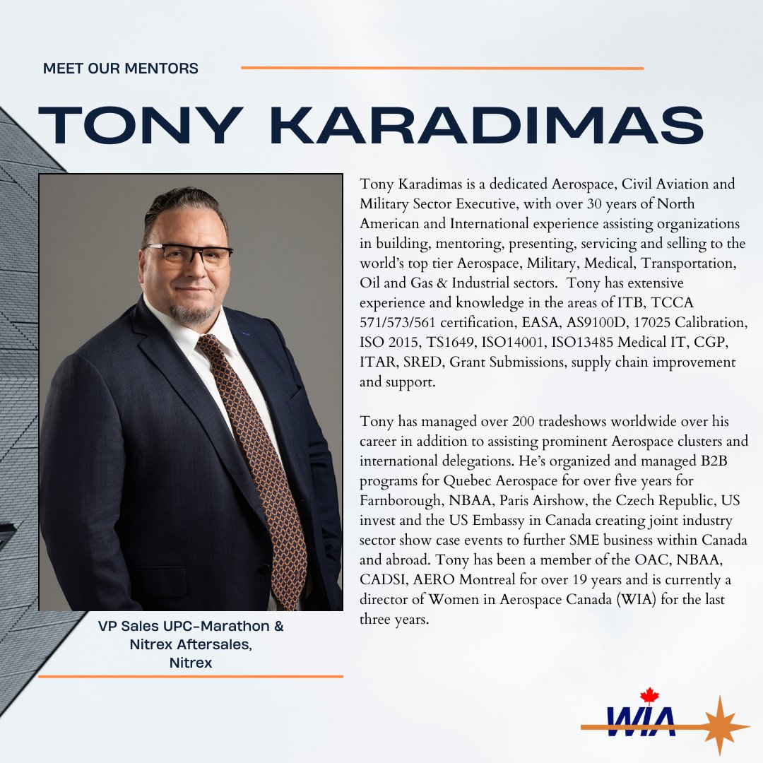 We're excited to have Tony Karadimas as one of our #mentors for our #MentoringProgram! He is a dedicated Aerospace, Civil Aviation and Military Sector Executive, with over 30 years of North American and International experience. Learn more!