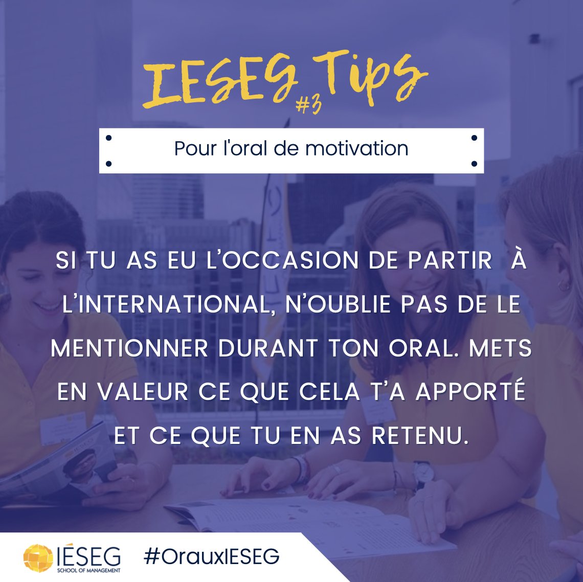 CandidatsIeseg's tweet photo. 💡 Prépare ton oral avec nos #IESEGTips
Tips numéro 3 pour l'oral de motivation : si tu as eu l'occasion de partir à l'international, n'oublie pas de le mentionner 😉 https://t.co/F3kEnYV5BM