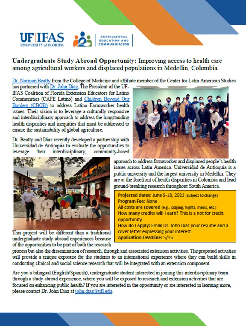 SPREAD THE WORD!

Are you a bilingual (English/Spanish), undergraduate student interested in joining this interdisciplinary team through a study abroad experience, where you will be exposed to research and extension activities that are focused on enhancing public health?